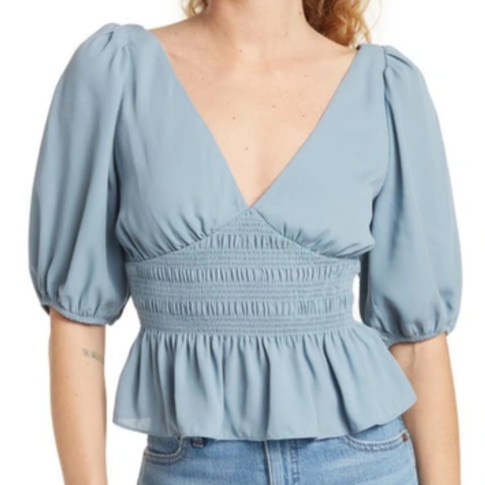 WAYF Puff Sleeve Smocked Peplum Crop Top In Dusty Blue